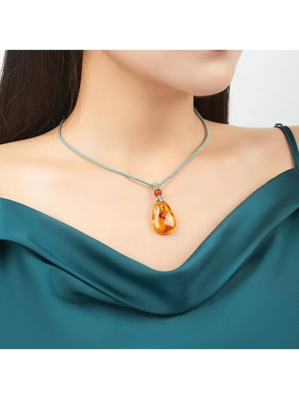 Cognac Baltic Amber Teardrop Pendant Necklace, Polished Stone, Gift Box Included